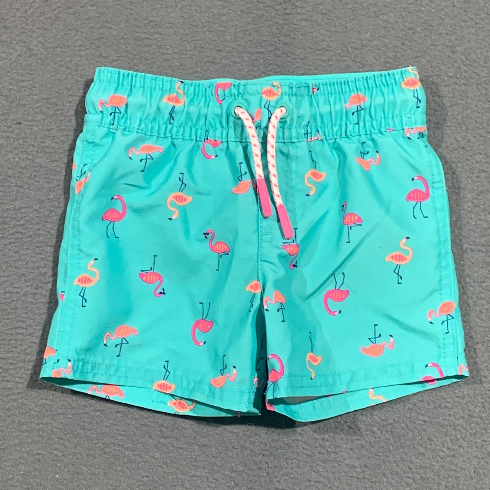 Cat & Jack Baby Boys Teal Flamingo Print Swim Trunks 12M Aqua Blue‎ Shorts